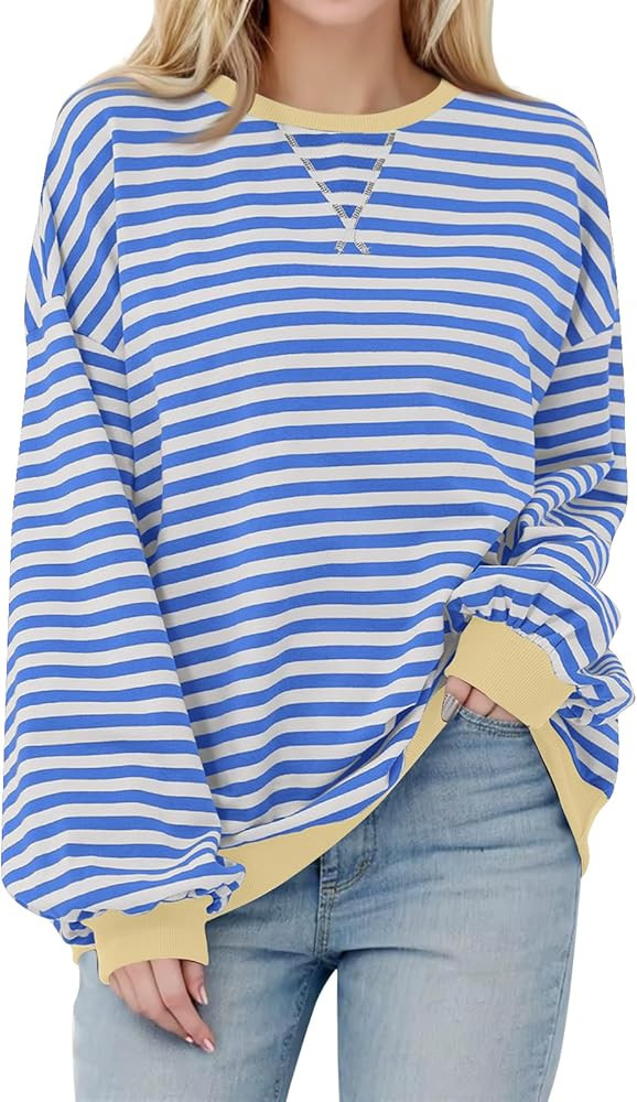 Womens Oversized Striped Sweatshirt Casual Long Sleeve Color Block Crewneck Pullover Tops Fall Ou... | Amazon (US)