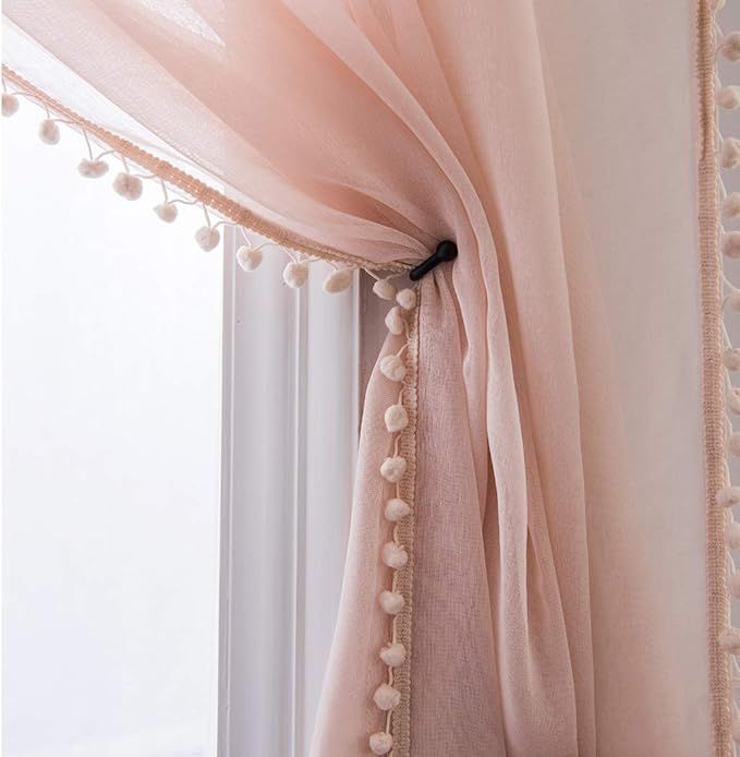 MISS SELECTEX Linen Look Pom Pom Tasseled Sheer Curtains - Rod Pocket Voile Semi-Sheer Curtains f... | Amazon (US)