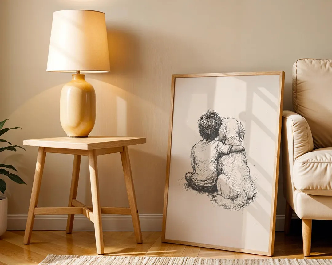 Golden Retriever With Boy Retro Print, Vintage Dog Sketch, Nursery Drawing, Printable Wall Art, A... | Etsy (US)