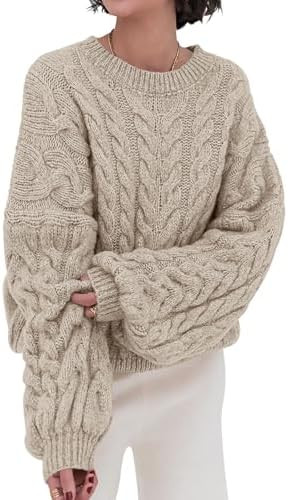 PRETTYGARDEN Womens Sweaters Spring 2026 Cable Knit Long Sleeve Crewneck Oversized Sweater Chunky... | Amazon (US)