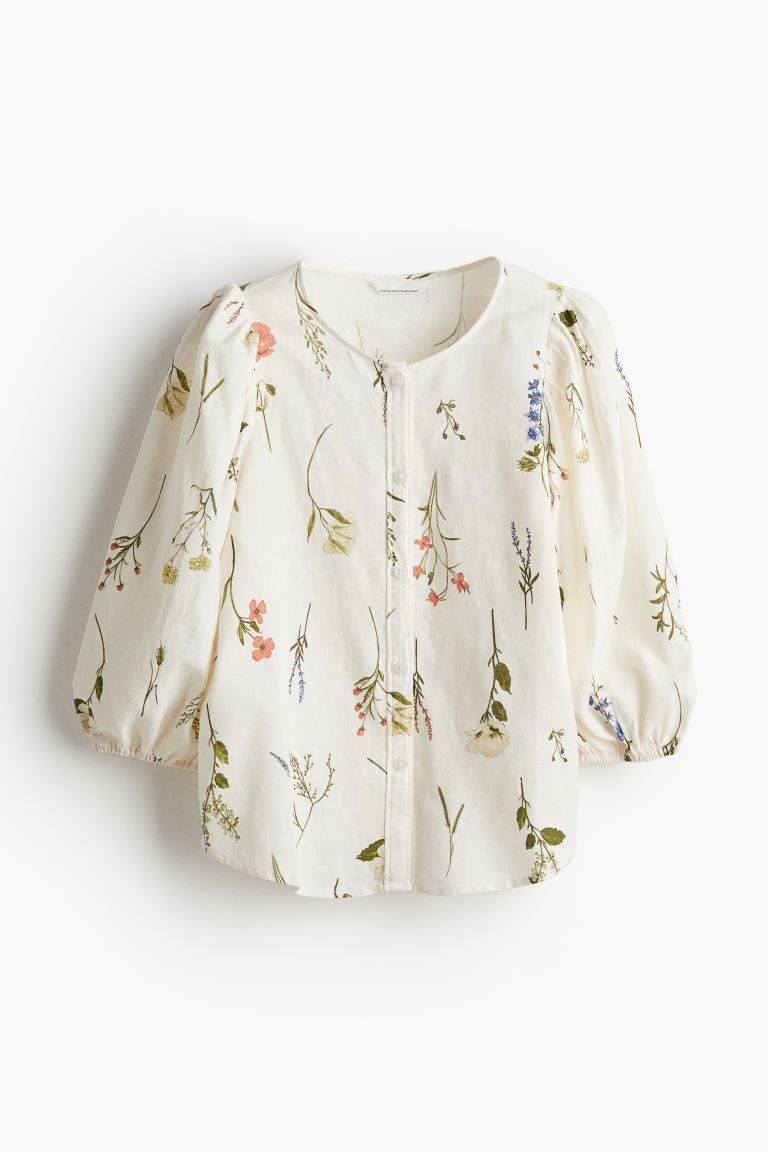 Linen-blend Blouse - Cream/floral - Ladies | H&M US | H&M (US + CA)