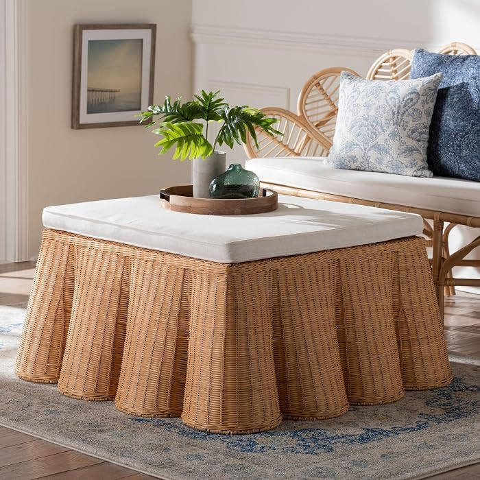 bali & pari Palm Scallop Natural Rattan Ottoman with Cushion \u2013 Handwoven Wicker Accent Bench... | Amazon (US)