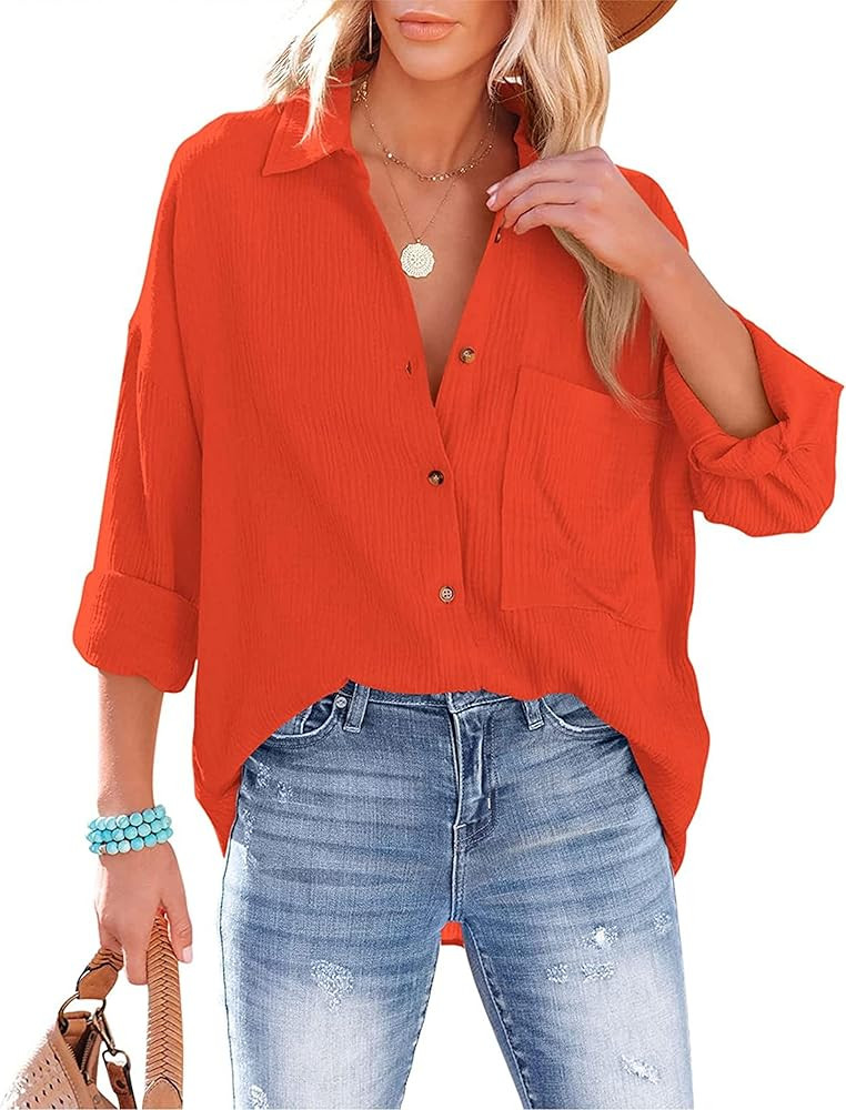 Mingzhu Womens Oversized Cotton Button Down Gauze Shirts Collared Long Sleeve Blouse Top | Amazon (US)