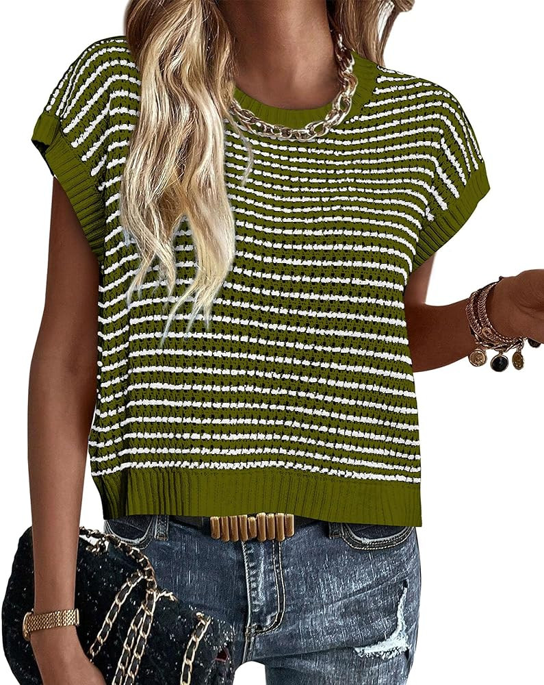 PRETTYGARDEN Womens Short Sleeve Sweater Spring Summer 2026 Round Neck Striped Pullover Cap Sleev... | Amazon (US)