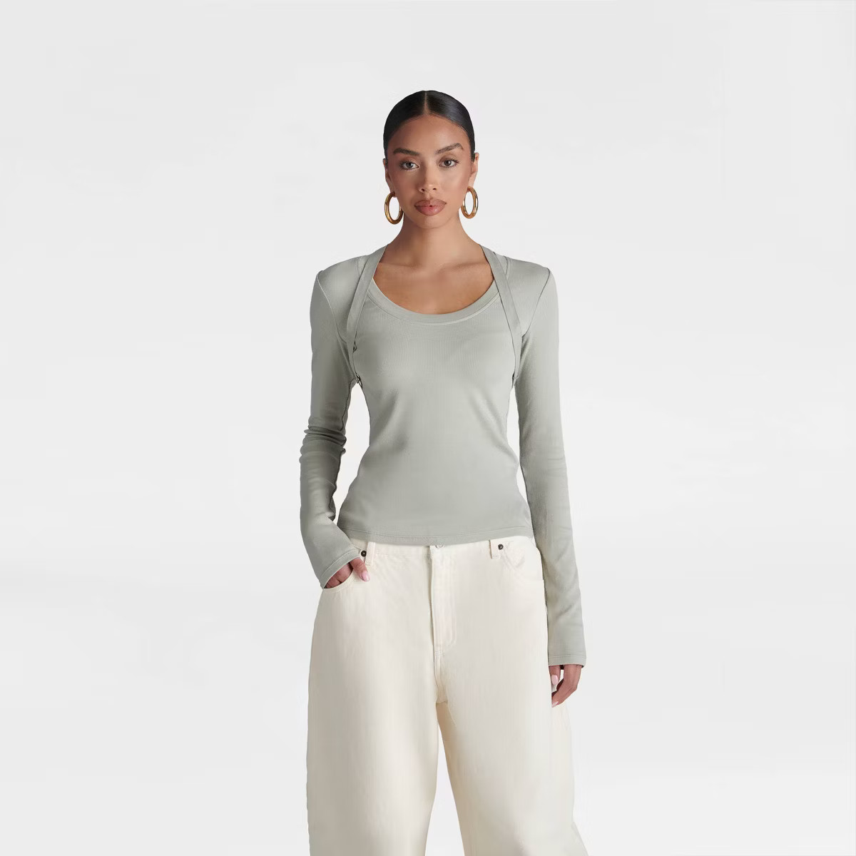 KBB by KAHLANA Women's 'The Long Sleeve Harness Ribbed Top' - Sage Green | Target