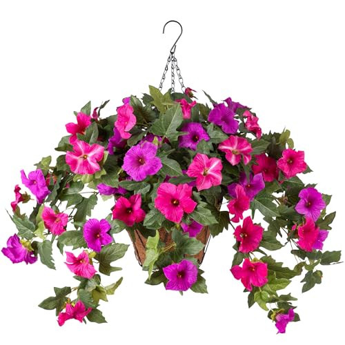 Artificial Petunia Flowers with Hanging Basket for Outdoors, 3 Pcs Fake Hanging Flowers UV Resistant Faux Silk Plants in Basket for Garden Porch Yard Patio Realistic Home Spring Decor(Purple Fuchsia) | Amazon (US)