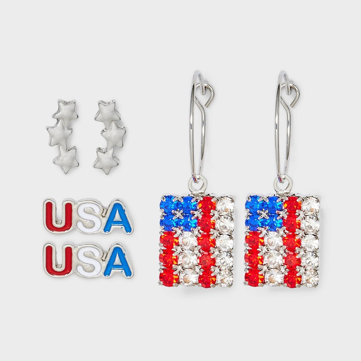 Americana USA and American Flag Earring Set 3pc - Red/Silver/Blue | Target