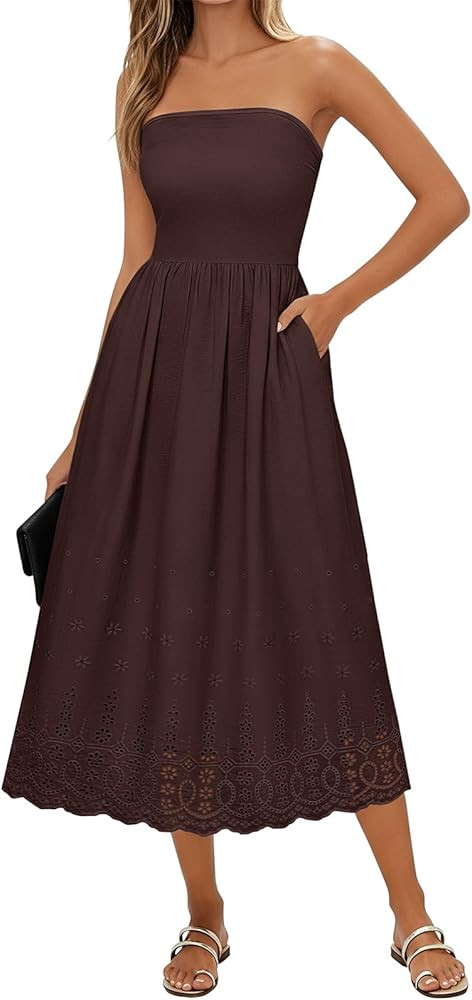 Lazysmile Summer Boho Maxi Dress for Women Strapless Tube Top Lace Trim A Line Beach Casual Long ... | Amazon (US)