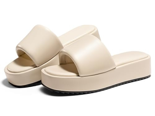 Coutgo Womens Platform Sandals Puffy Slip on Open Toe Flatform Comfort Y2K Dressy Summer Slide Sandals, Beige Pu, Size 9.5 | Amazon (US)