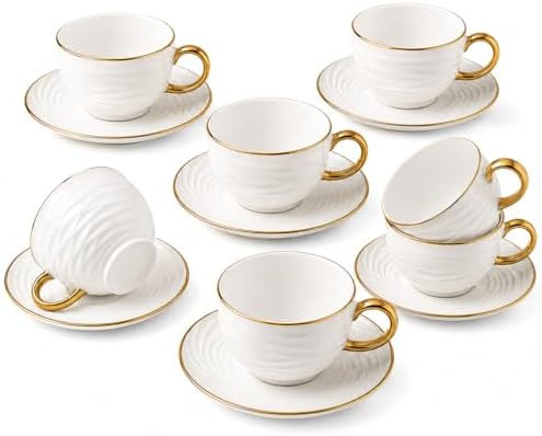 Cappuccino Cups with Saucers Set of 6, 6.7 OZ White Ceramic Coffee Cups with Gold Rim and Handle,... | Amazon (US)