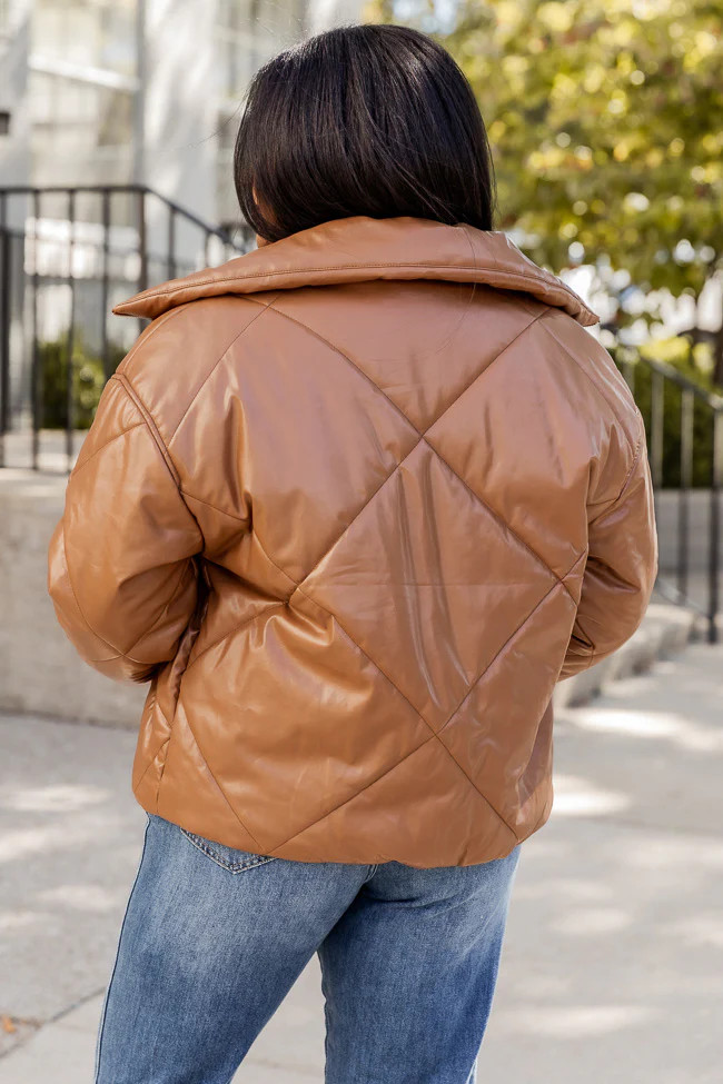 Give Me A Call Brown Quilted Faux Leather Jacket | Pink Lily