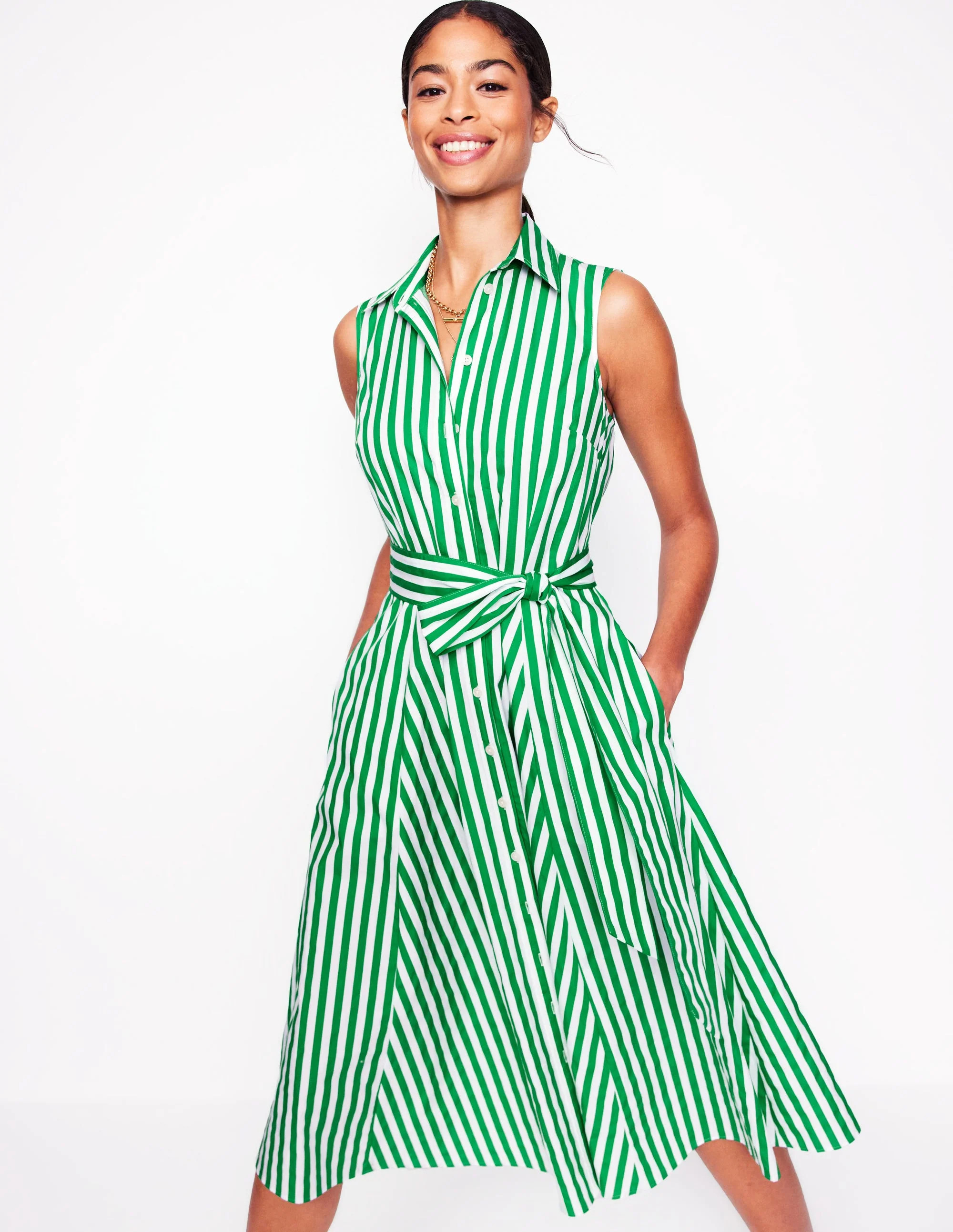 Amy Sleeveless Shirt Dress-Rich Emerald Stripe | Boden (US)