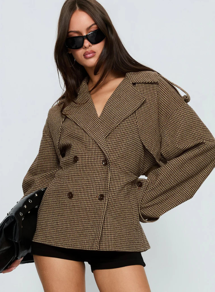 Brieanna Cropped Trench Coat Brown Check | Princess Polly US