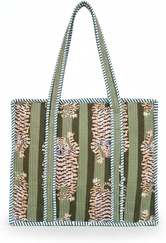 COTSILER 100% Cotton Quilted Tote Bag with Zipper Large Aesthetic Bohemian Block Print Travel Bag... | Amazon (US)