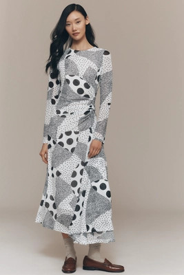 By Anthropologie Long-Sleeve Ruched Mesh Midi Dress | Anthropologie (US)