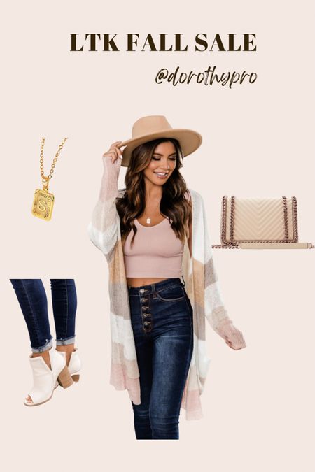 Ltk sale finds! Pink lily is 25% off using code LTKFALL- fall cardigan, Amazon initial necklace, dark wash jeans, designer inspired crossbody bag, tan purse, white ankle booties, fall boots 

#LTKunder50 #LTKsalealert #LTKSale