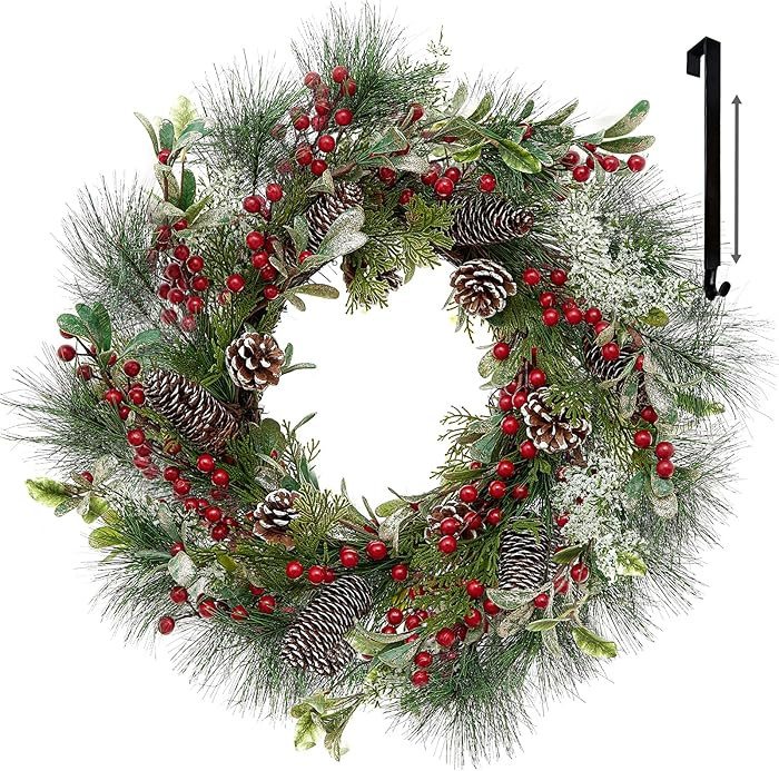 FINECASA Red Berry Christmas Wreath, 24 Inch Door Wreath, Pinecones & Mixed Greenery Holiday Deco... | Amazon (US)