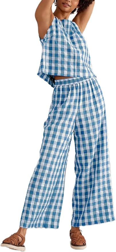 LILTWIST Womens Y2k Gingham Lounge Sets 2 Piece Outfits Striped Wide Leg Pants & Sleeveless Linen... | Amazon (US)