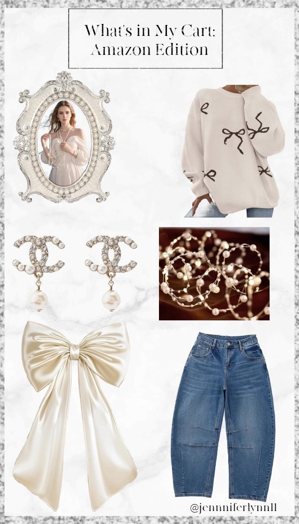 Amazon got me again! I’m still on the hunt for barrel jeans so hoping these work. And I couldn’t resist the pearl picture frame + earrings. And the bow is so pretty, I want to put it above my bed for some interest! 

#LTKFindsUnder50 #LTKHoliday #LTKSeasonal