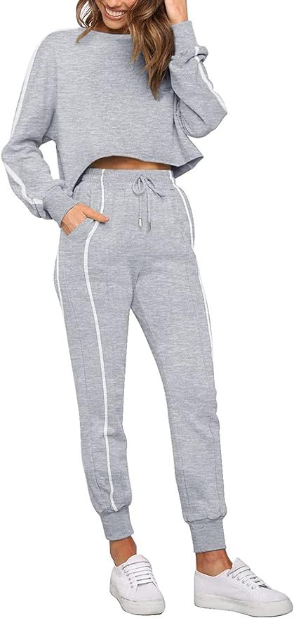 Women Sweatsuits Sets 2 Piece Loungewear Set Striped Long Sleeve Crop Top and Jogger Sweatpant Sport | Amazon (US)