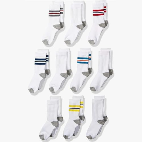 Amazon Essentials Boys' Cushioned Athletic Crew Sports Socks for School Kids, 10 Pairs, White With Color Stripe/White With Grey Heather Heel, Toe, Small | Amazon (US)