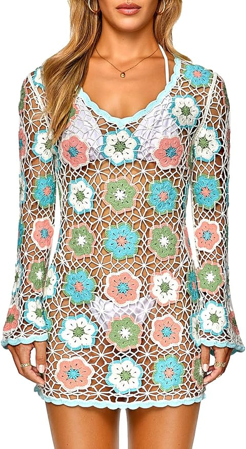 FAIRY SEASON Women's Crochet Beach Cover Up Dress Boho Bell Sleeve 3D Camellia Embroidery for Vac... | Amazon (US)