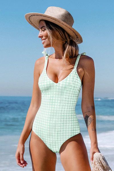 Karli Gingham Tie Shoulder One Piece Swimsuit | Cupshe