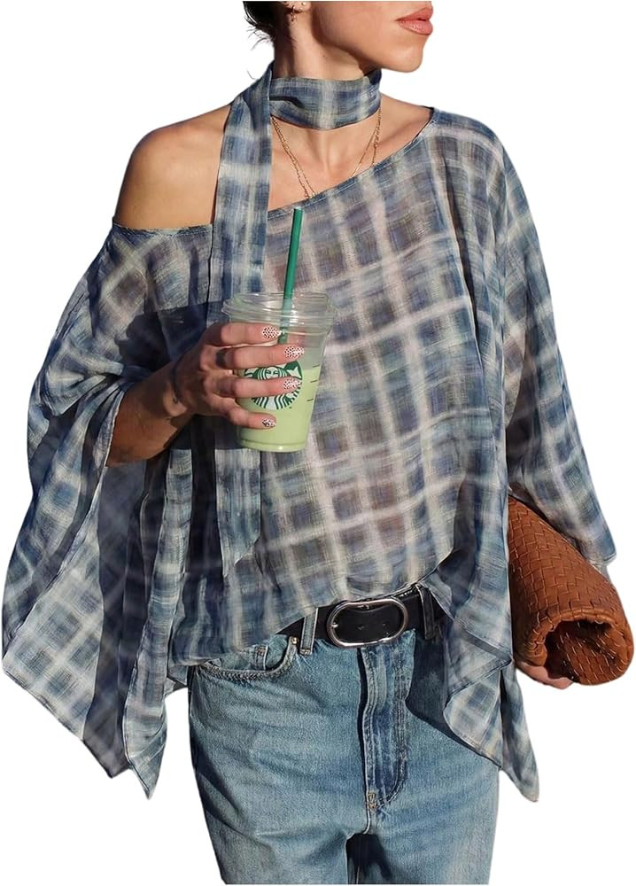 Floerns Women's Gingham Poncho Top Off The Shoulder Plaid Elegant Blouse | Amazon (US)