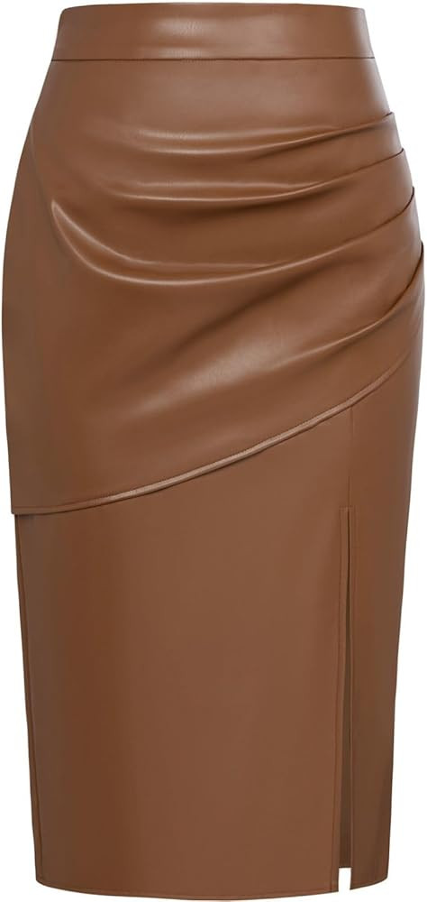 Kate Kasin 2024 Women's Faux Leather Skirts Front Slit Ruched Tummy Control High Waist Bodycon Mi... | Amazon (US)