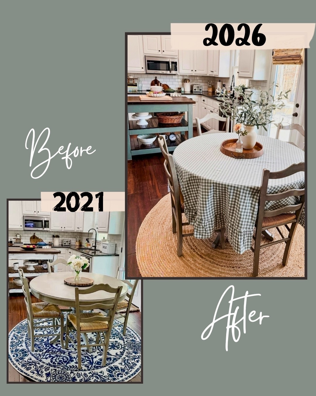 Kitchen refresh + dining nook update
Round jute rug, green gingham tablecloth, and kitchen island makeover

This before and after shows how a few thoughtful swaps completely changed the feel of our kitchen without a full renovation.

I replaced a bold patterned rug with a round jute rug, added a green gingham tablecloth for that relaxed European feel, and refreshed the island with a stained wood top and painted base.

Fewer patterns. Warmer tones. More natural texture.

Proof you don’t need new cabinets to create a cozy, cohesive kitchen.

Everything is linked here or in my bio! 

#LTKHome #LTKfoodie #LTKOver40