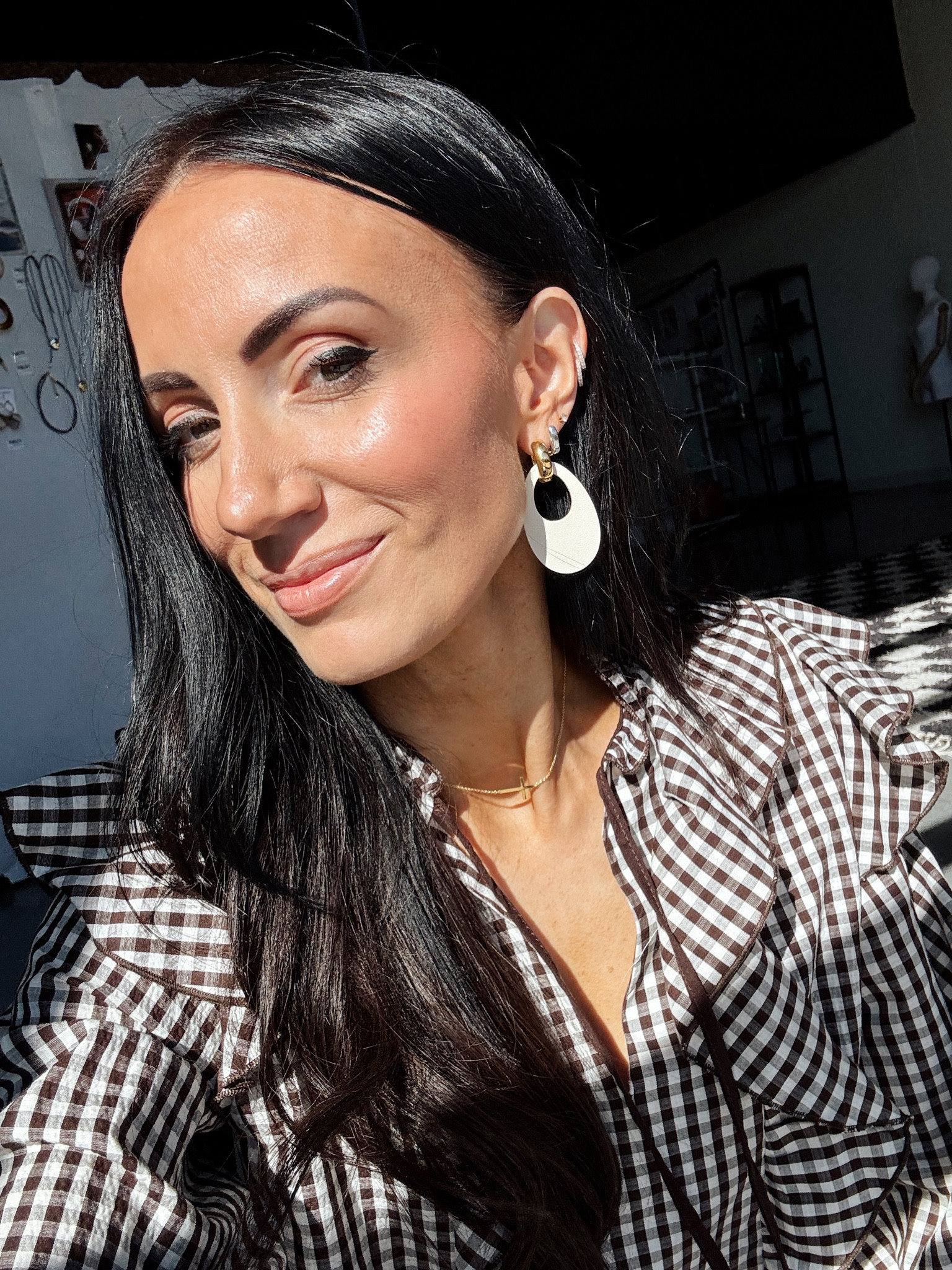 Brown gingham is a neutral for me this season. Love it with this hoop style. 