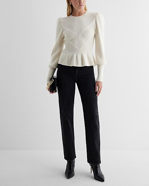 Ribbed Crew Neck Puff Sleeve Peplum Sweater | Express
