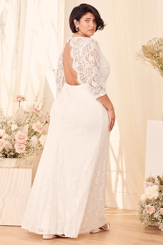 Adley White Lace Three-Quarter Backless Maxi Dress | Lulus (US)