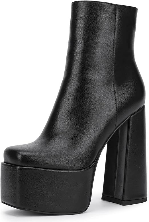 Pasuot Women's Black Platform Boots - Chunky Heel Short Ankle Boots & Booties, Square Toe Block High | Amazon (US)