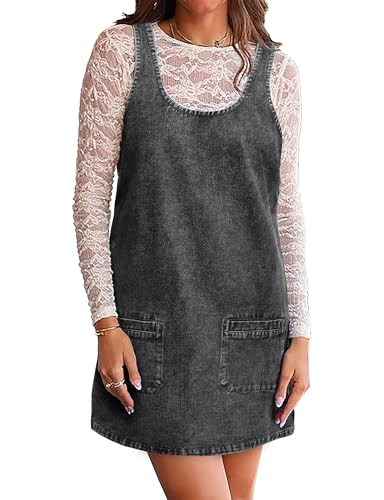 POLIRO Denim Overall Dress Jean Mini Sleeveless Western Tank Country Concert Romper Dresses with Pockets for Women 2025 Short Grey Gray Black Size Medium Size 8 10 | Amazon (US)