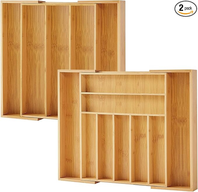 Purawood Large Premium Bamboo Silverware Organizer, 2 Pack - Expandable Kitchen Drawer & Utensil ... | Amazon (US)