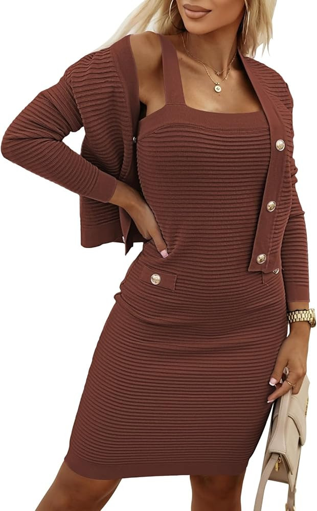 Pink Queen Women's 2 Piece Sweater Dress Set Ribbed Knit Crop Cardigan Sweaters and Skim Mini Dre... | Amazon (US)