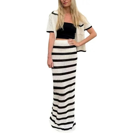 Michellecmm Women s Summer Crochet Cover Up Skirts High Waist Striped Knit Long Skirts | Walmart (US)