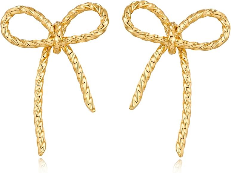 Gold Bow Earrings for Women Chic Studs White Gold Bowknot Chuncky Ribbon Earrings Trendy Statment... | Amazon (US)