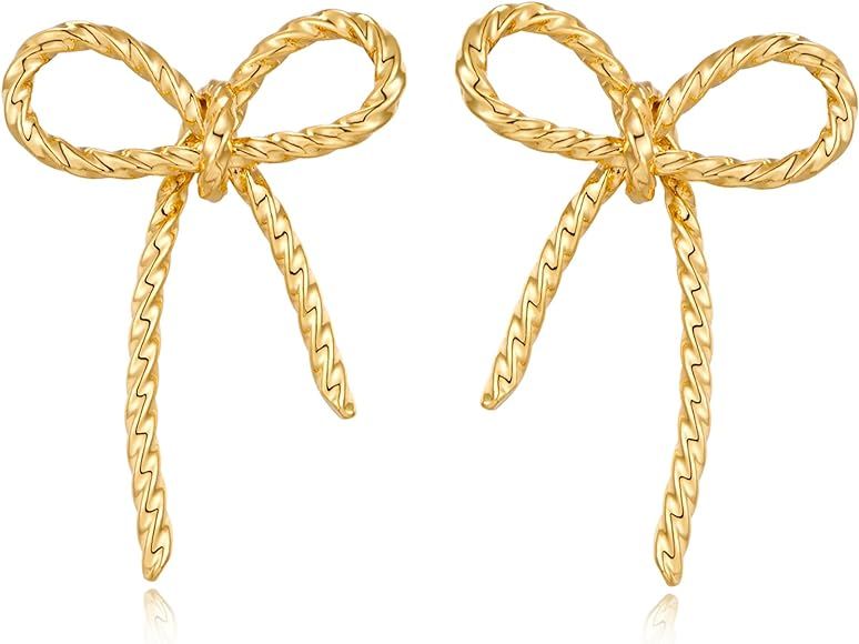 Gold Bow Earrings for Women Chic Studs White Gold Bowknot Chuncky Ribbon Earrings Trendy Statment... | Amazon (US)
