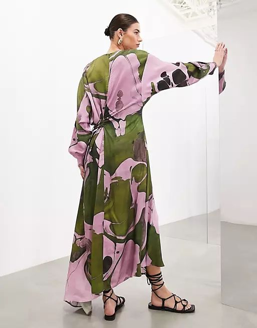 ASOS EDITION long sleeve maxi dress with d ring in khaki abstract print | ASOS (Global)