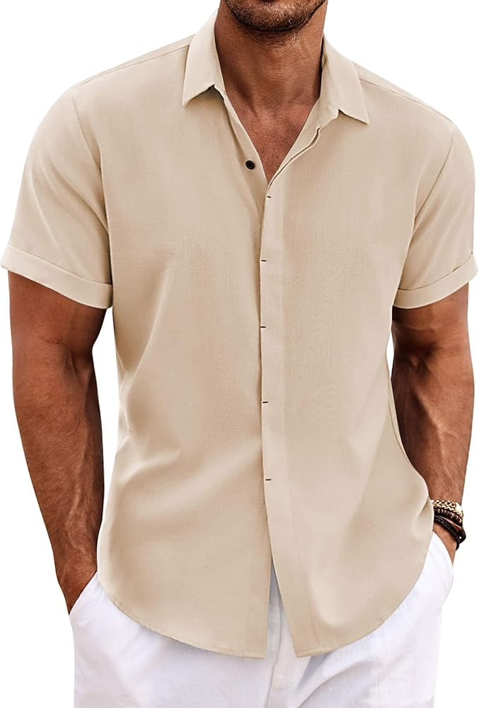 COOFANDY Men's Linen Shirts Short Sleeve Casual Shirts Button Down Shirt for Men Beach Summer Wed... | Amazon (US)