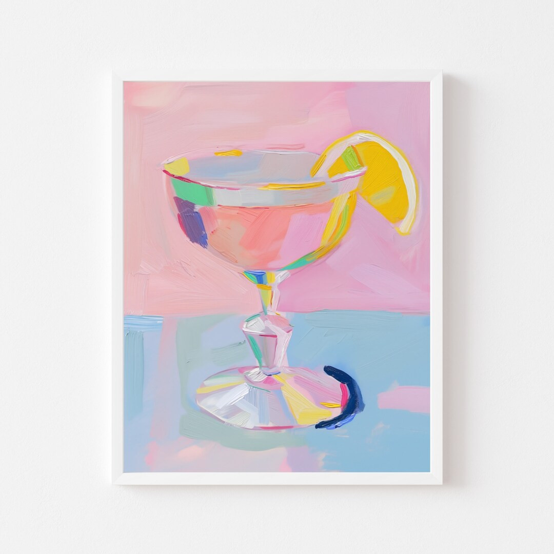 Retro Pink Cocktail Painting Colorful Pastel Bar Cart Printable Vintage Glassware Wall Art Print ... | Etsy (US)