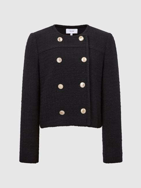 Reiss Black Esmie Cropped Double Breasted Jacket | Reiss UK