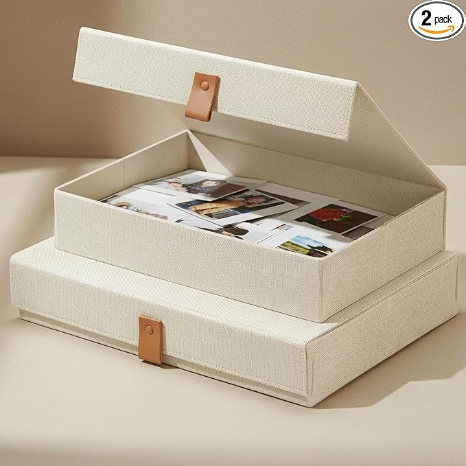 Decorative Photo Storage Boxes with Lids - Set of 2 Beautiful Linen Organizers Are Perfect to Saf... | Amazon (US)