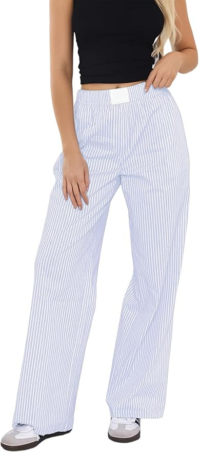 Women Elastic Waist Striped Pants Y2K Wide Leg Striped Print Trousers Low Waist Striped Lounge Pa... | Amazon (US)