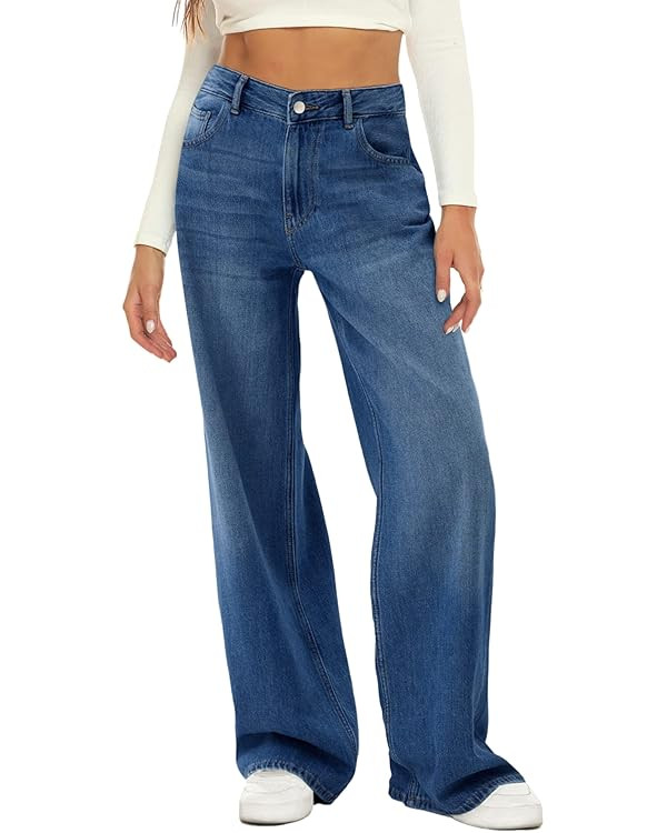 HDLTE Women Wide Leg Jeans High Waist Baggy Jeans Loose Boyfriend Jeans Denim Pants Y2K | Amazon (US)
