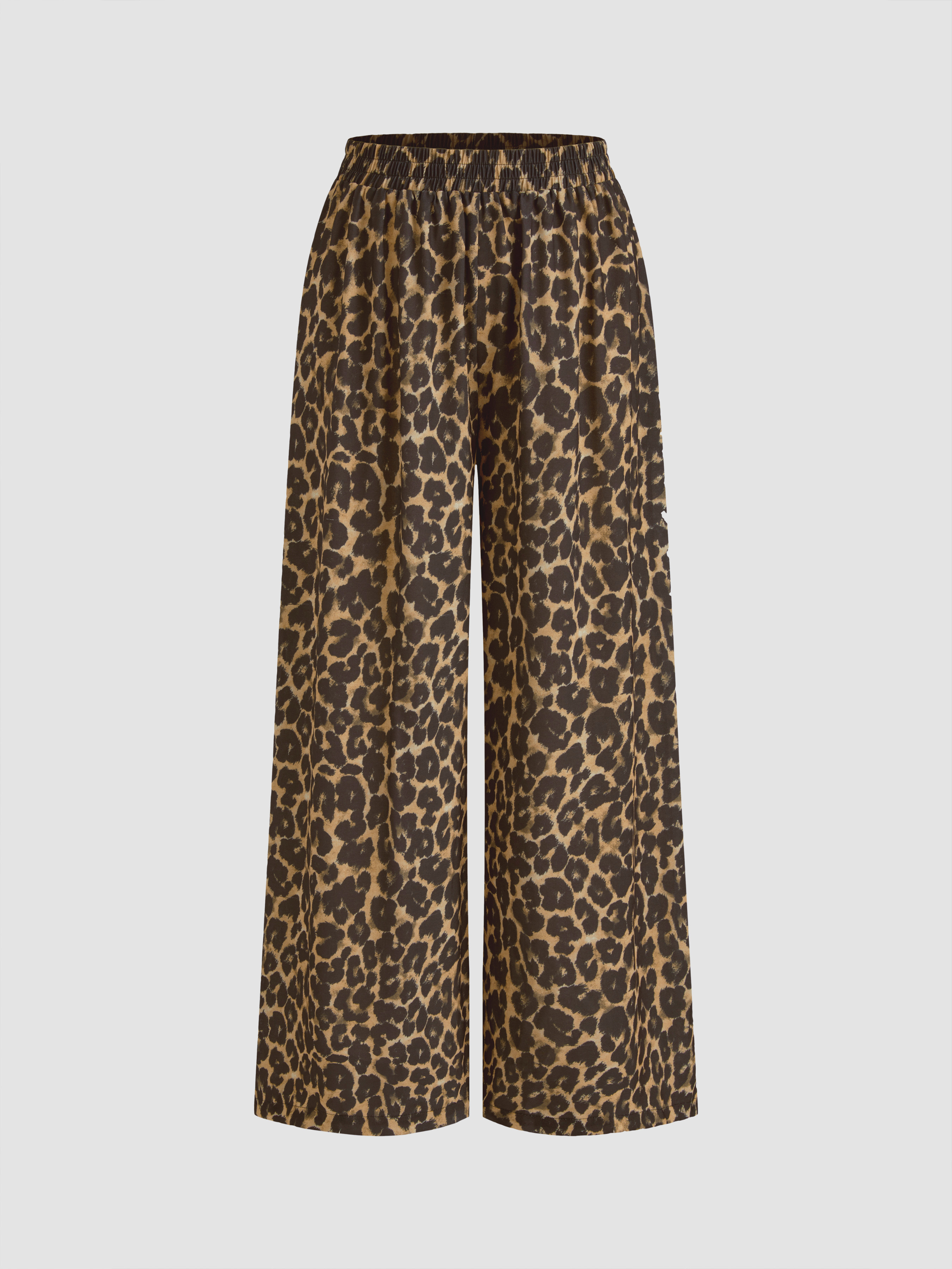 Mid Rise Elastic Waist Leopard Wide Leg Trousers | Cider