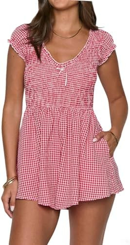 Summer Gingham Romper for Women 2025 Dressy Casual Beach Vacation Short Plaid Smocked Jumpsuit | Amazon (US)