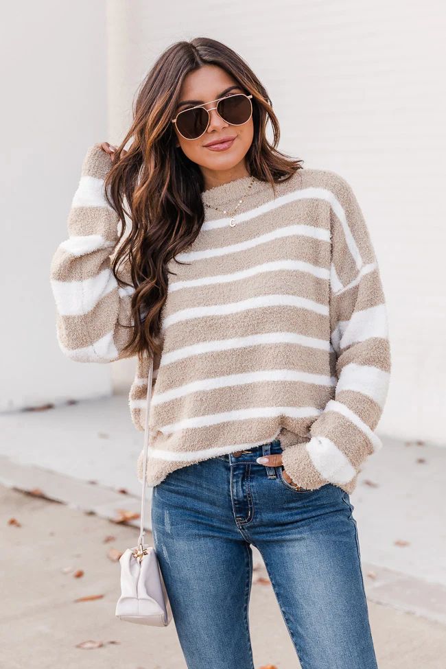 Follow My Direction Tan Fuzzy Striped Sweater | The Pink Lily Boutique